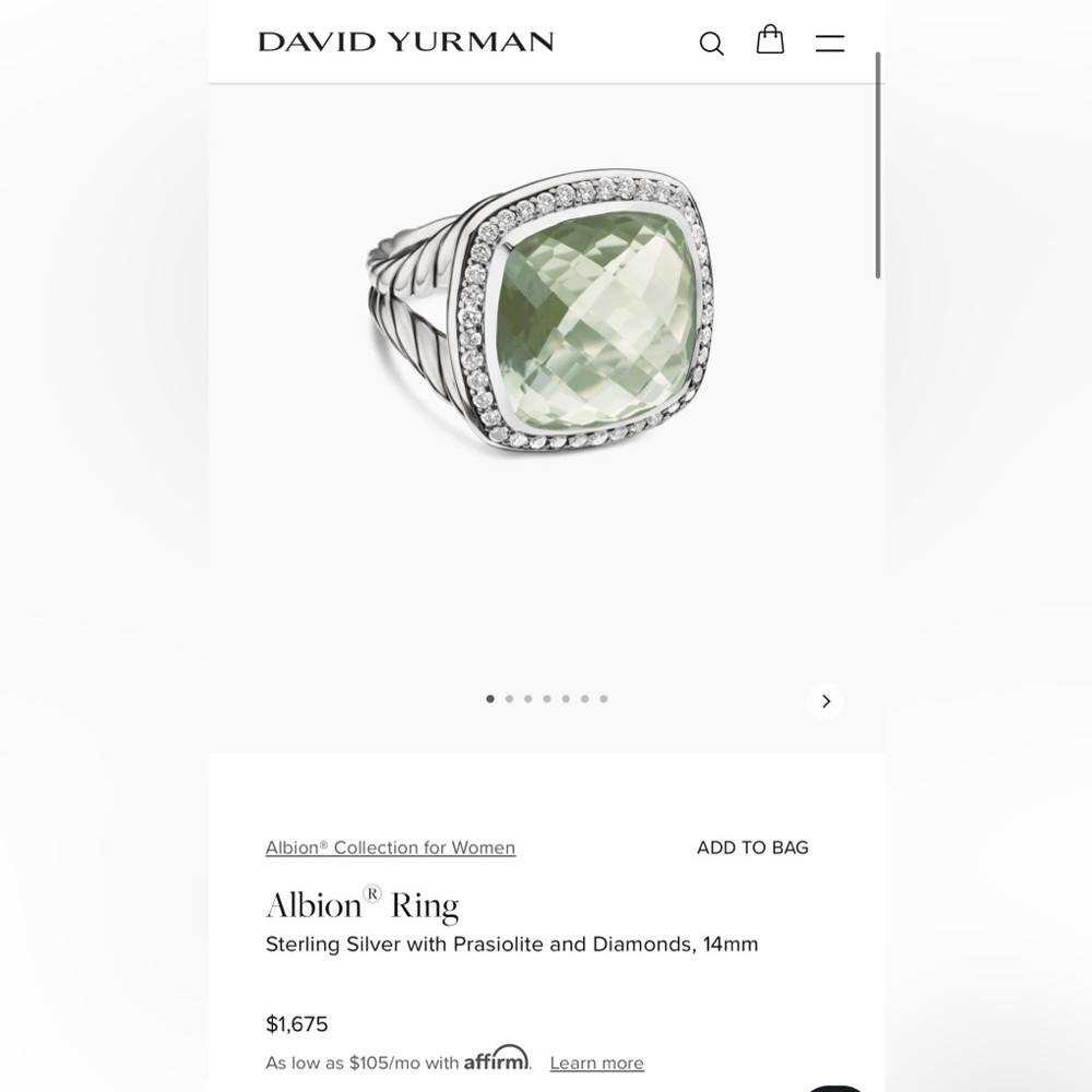 DAVID YURMAN Albion Ring
Sterling Silver with Prasiolite Diamonds 14mm SIZE 7